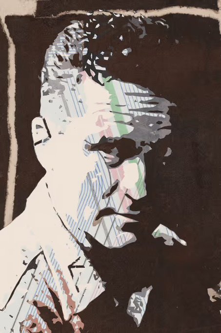 A stylized, high-contrast digital artwork or poster depicts a person's face in profile using black, white, and pastel tones with a glitch-art aesthetic.
