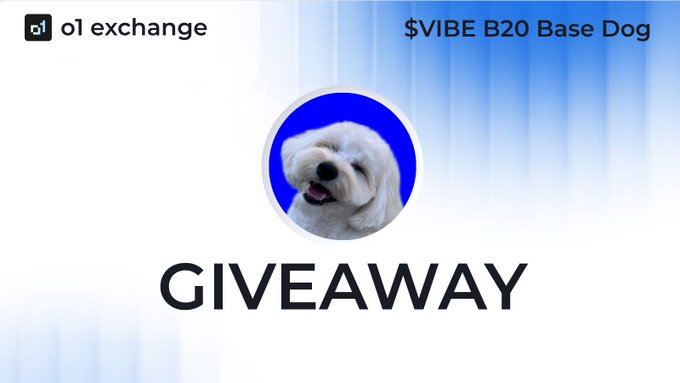 A promotional graphic for "01 exchange" featuring the "$VIBE B20 Base Dog" meme token, with a photo of a fluffy white dog on a blue circular background above bold text reading "GIVEAWAY" — advertising the giveaway event where participants leave their Base wallet as mentioned in the post.