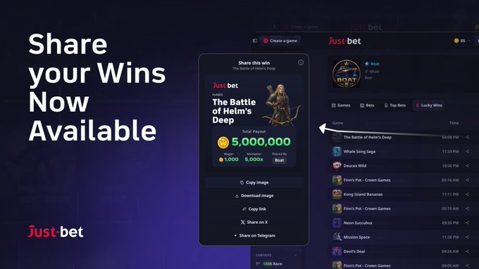A promotional graphic for Just.bet features the headline 'Share your Wins Now Available' alongside a mobile screenshot showing a 5,000,000 win from 'The Battle of Helm's Deep' and a list of games.