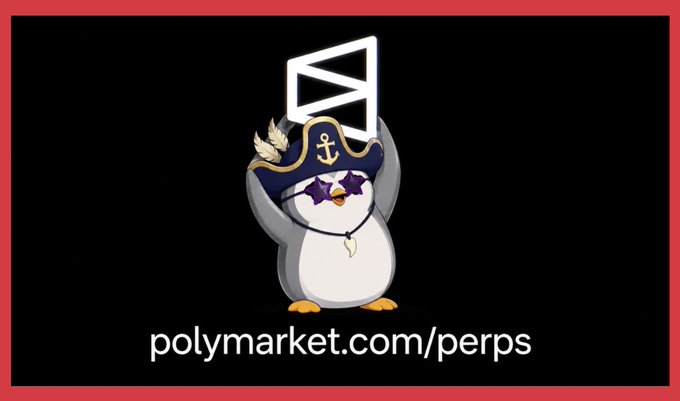 An animated penguin mascot wearing a pirate hat with an anchor emblem, holding a trophy, promoting polymarket.com/perps.