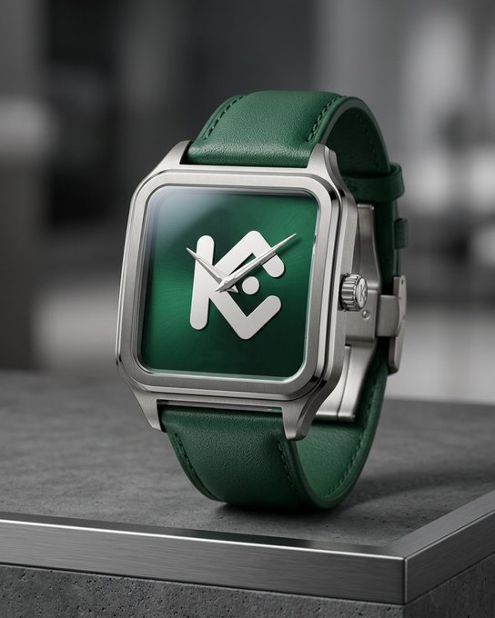 A silver-cased watch with a green leather strap displays a KuCoin logo on its emerald green face, sitting on a stone pedestal. The watch's branding cleverly ties into the caption "What time is it? Time to check your open orders on KuCoin," playfully linking the act of checking time with checking trading orders on the platform.