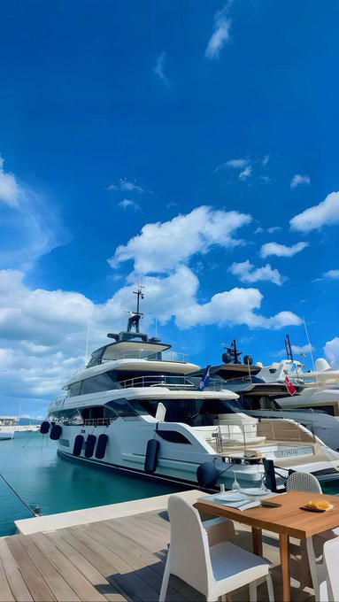 A scenic view of luxury yachts docked at a marina under a bright blue sky with scattered clouds, with a wooden table and chairs in the foreground.