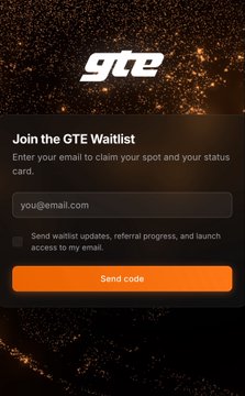 A signup interface for the "gTE" waitlist invites users to enter their email at "waitlist.gte.xyz," featuring a "Send code" button and an option to receive updates, directly matching the post's instructions to sign up for the @GTE_XYZ waitlist.