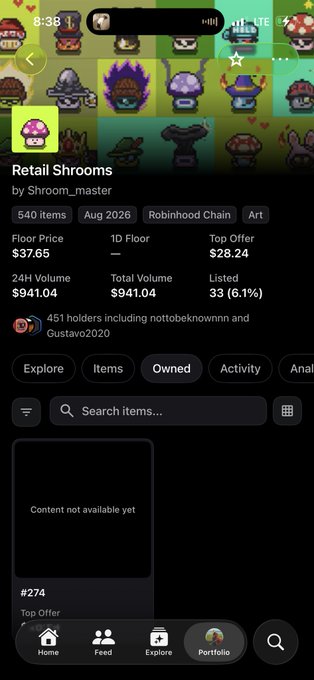 A mobile app screen showing NFT collection details for "Retail Shrooms" by Shroom_master on the Robinhood Chain, displaying 540 items, a floor price of $37.65, and 24H volume of $941.04.