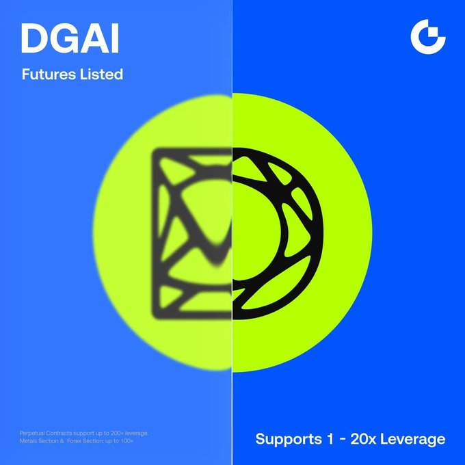 A blue promotional graphic for "DGAI" with "Futures Listed" text, featuring a neon green circle with a cryptocurrency-style logo and the text "Supports 1 - 20x Leverage" at the bottom.