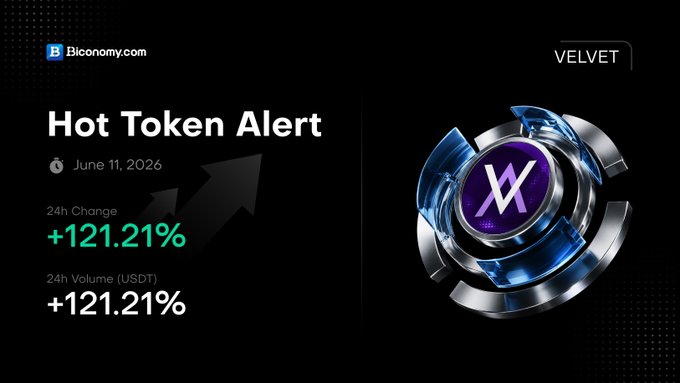 The image presents a post that says "HOT TOKEN ALERT" above some text, accompanied by an illustration of a round object with a blue center. The post mentions that velvet tokens have increased momentum over the last few days, indicating significant interest among traders. This is likely related to Biconomy's trading platform and the cryptocurrency market in general.