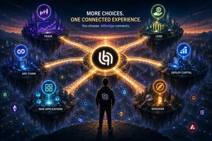 A fantasy-style promotional graphic for Allbridge with the text "MORE CHOICES. ONE CONNECTED EXPERIENCE. You choose. Allbridge connects." showing floating islands labeled TRADE, LEND, ANY CHAIN, DEPLOY CAPITAL, NEW APPLICATIONS, and DISCOVER connected by glowing paths to a central logo.