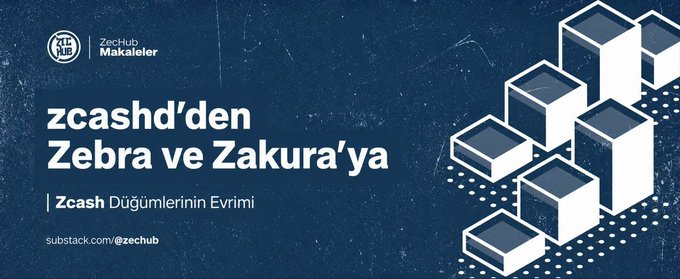 Article header graphic reading 'zcash'den Zebra ve Zakura'ya: Zcash Düğümlerinin Evrimi' for ZecHub Makaleler, featuring an illustration of white 3D cubes on a dark blue background.