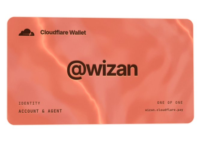 A digital Cloudflare Wallet identification card for the account '@wizan', labeled as an 'ACCOUNT & AGENT' with 'ONE OF ONE' text and the URL 'wizan.cloudflare.pay', designed with an orange marbled background.