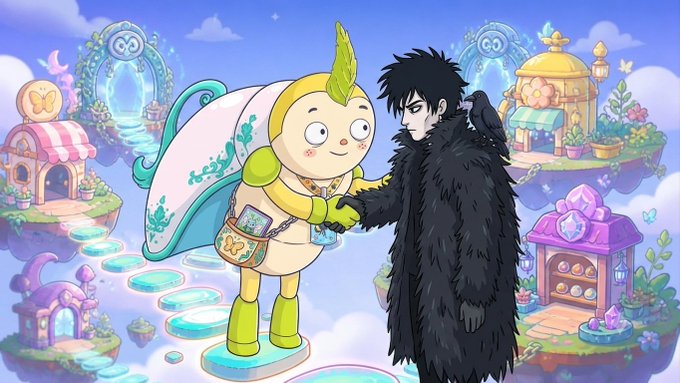 An anime-style illustration showing a small yellow creature wearing a cape shaking hands with a dark-haired figure in a black feathered cloak, set in a colorful floating island landscape.