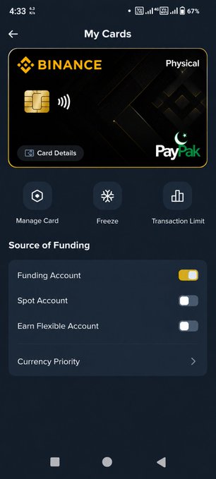 A mobile screenshot of a Binance card management page showing a physical PayPak card with options for Manage Card, Freeze, and Transaction Limit, plus Source of Funding settings.