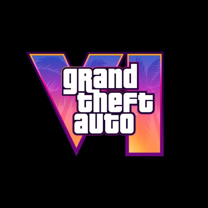The image displays the **GTA VI** logo, featuring the iconic Roman numeral "VI" in a vibrant purple-to-orange gradient with palm leaf patterns, overlaid with the "grand theft auto" text in white. This logo directly ties to the post's subject of a GTA 6 leaker who allegedly revealed unreleased gameplay footage and launched a related memecoin.