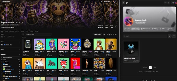 A desktop browser displays the OpenSea NFT marketplace showing the PageantVault collection featuring various NFT items, with an account info sidebar on the right showing a balance of 0.333 ETH.