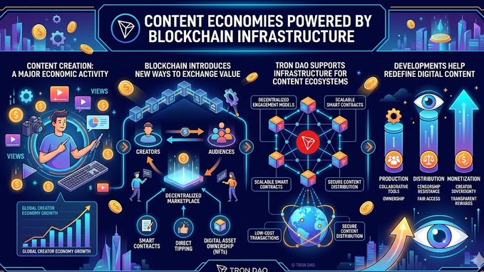 The image features an infographic illustrating various aspects of blockchain technology, such as its impact on content economies and the rise of new ways for creators and audiences to exchange value through digital content ecosystems. The infographic shows a graphic representation of a chain and illustrates how blockchains can be used to distribute value across different platforms, including social media, e-commerce sites, and other digital assets.