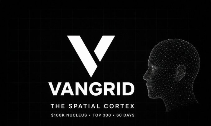 A black promotional graphic features the VANGRID logo, the tagline 'THE SPATIAL CORTEX', and text reading '$100K NUCLEUS • TOP 300 • 60 DAYS' next to a wireframe rendering of a human head.