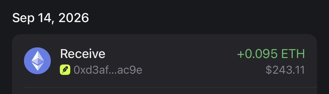 A cryptocurrency transaction notification on a dark background displays 'Sep 14, 2026' and a 'Receive' of '+0.095 ETH' ($243.11) from the address '0xd3af...ac9e'.