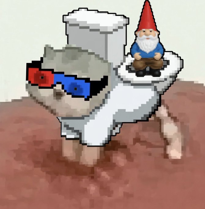 A pixel art style image showing a fluffy white creature with 3D glasses sitting on brown ground, with a garden gnome perched on its back.