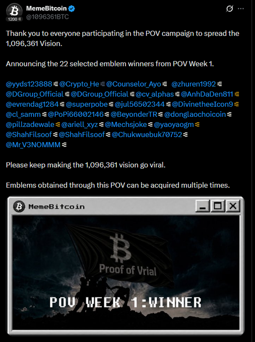 A tweet from @1096361BTC (MemeBitcoin) announces 22 emblem winners from POV Week 1, thanking participants in the campaign to spread the "1,096,361 Vision" and noting that emblems can be earned multiple times, accompanied by a retro window graphic displaying "Proof of Vrial" with a Bitcoin flag and "POV WEEK 1: WINNER" text.