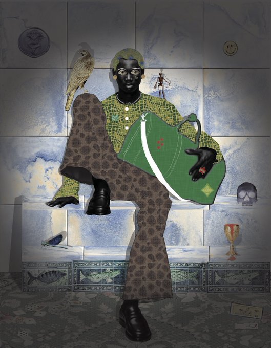 A digital collage art piece depicting a Black figure in patterned clothing, a green Louis Vuitton bag, a parrot, and various symbolic objects in a tiled setting.
