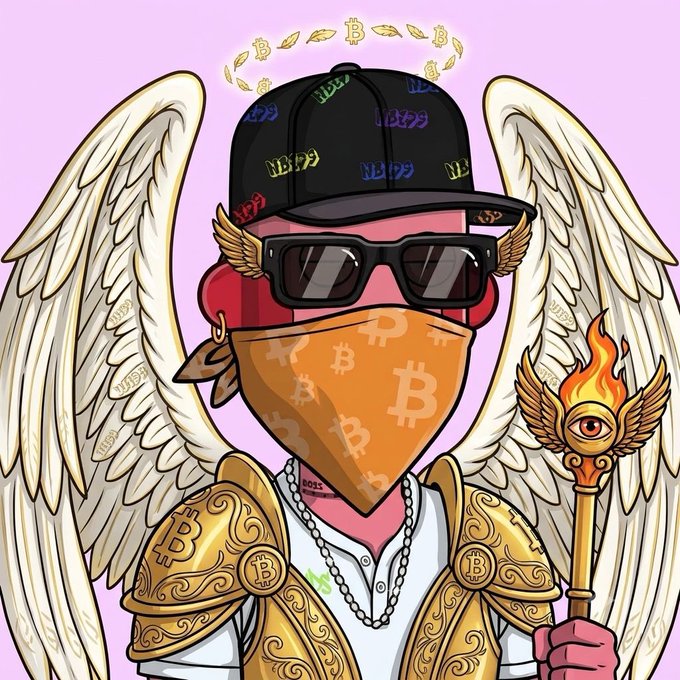 A colorful cartoon character with angel wings, wearing a Bitcoin-patterned bandana, sunglasses, and golden armor, holding a flaming staff with an eye, and a Bitcoin-symbol halo above a black cap.