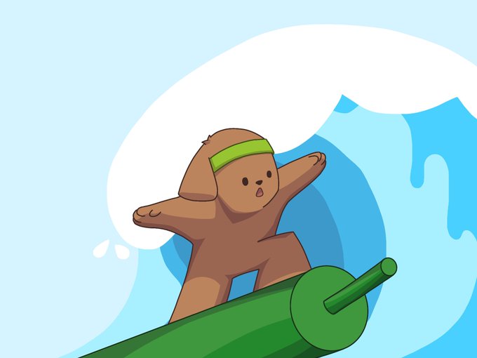 A cartoon illustration of a brown puppy wearing a green headband surfing on a green surfboard through a blue wave.