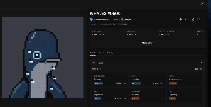 An NFT marketplace page for 'WHALES #0500' from the Whales Collective owned by Hoadyx, showing a pixelated blue narwhal-like creature with traits including Charcoal (141/166), Deep Sea (122/129), Bioluminescence (1/15), Abyss Glow (82/86), The Grain (6/105), and Legendary (10/35).