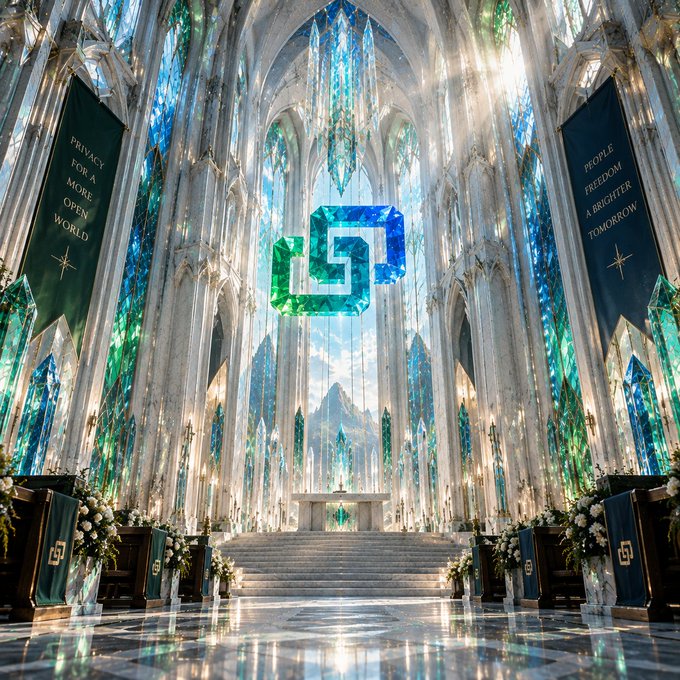 A majestic cathedral interior with tall blue and green stained glass windows features a large 3D geometric 'G' logo floating in the center, flanked by banners reading 'PRIVACY FOR A MORE OPEN WORLD' and 'PEOPLE FREEDOM A BRIGHTER TOMORROW'.
