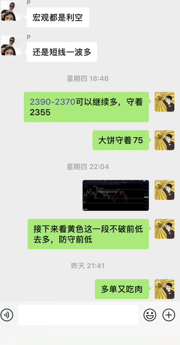 A Chinese-language chat conversation discussing stock market trading strategies with price points like '2390-2370', accompanied by a small stock chart image.