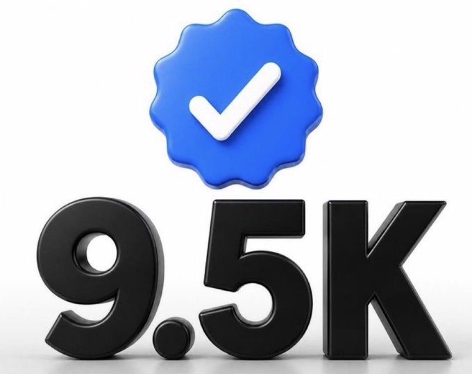 A 3D graphic featuring bold black '9.5K' text beneath a blue scalloped badge with a white checkmark, likely indicating a verification or follower milestone.