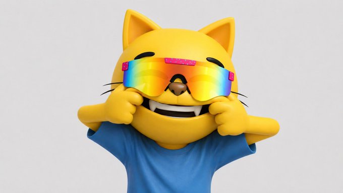 A cartoon yellow cat character wearing rainbow-tinted sunglasses and a blue t-shirt displays a confident toothy grin while making finger guns with both hands. The image's upbeat, victorious vibe aligns with the post's message suggesting that $MOG is thriving while others imitate it.