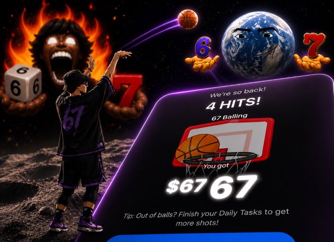 A basketball player in a purple jersey shoots a ball toward an anthropomorphic Earth holding "6" and "7" hands, with a demonic figure wielding dice in the background, celebrating a "$67.67" win from "67 Balling" with 4 hits as displayed on the results screen.