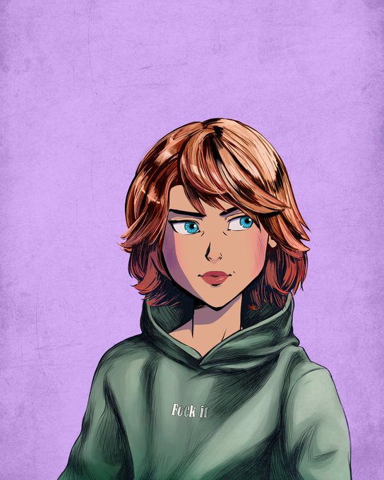 A comic-style illustration of a young woman with reddish-brown hair and blue eyes, wearing a green hoodie with the text 'F*ck it'.