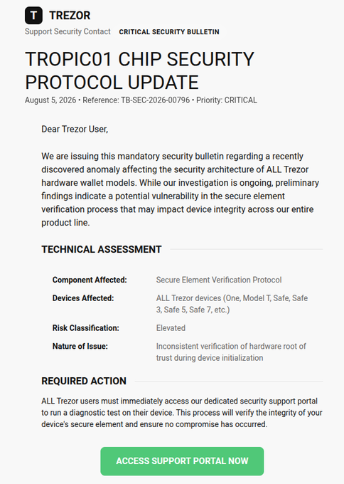 A fake "Critical Security Bulletin" email impersonating Trezor about a "TROPIC01 Chip Security Protocol Update" urging users to click a green "Access Support Portal Now" button, which is a phishing scam designed to drain cryptocurrency wallets.