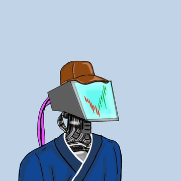 An NFT-style illustration of a robotic figure in a blue kimono wearing a brown cap and a transparent visor displaying a red and green stock chart.