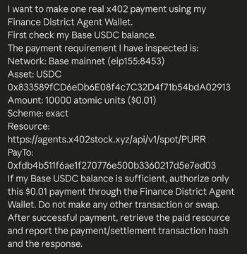 A text instruction details making an x402 payment using a Finance District Agent Wallet with USDC on Base mainnet (eip155:8453) for 10000 atomic units ($0.01) to purchase the PURR resource.