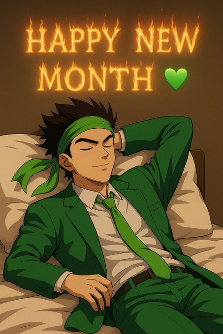 Anime illustration of a young man in a green suit and bandana lounging on a bed with fiery 'HAPPY NEW MONTH' text and emoji above him.