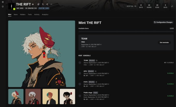 A screenshot of an NFT minting page titled 'THE RIFT' featuring an anime-style character with white hair and a red fox mask, showing mint schedules with prices like 1.5 SOL for TEAM, GTD, and FCFS, and 2.25 SOL for Public stage.