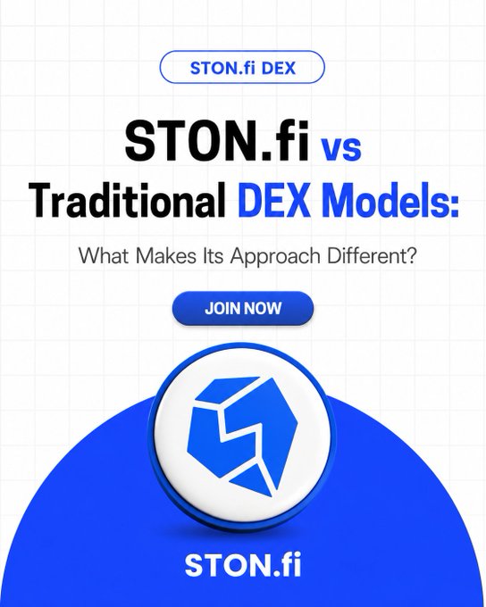 A promotional poster for “STON.fi vs Traditional DEX Models: What Makes Its Approach Different?” includes a “JOIN NOW” button and the STON.fi logo.