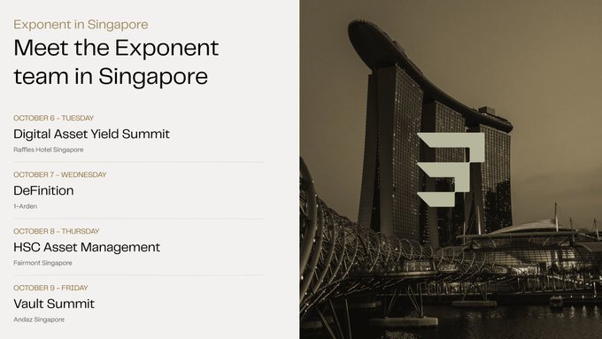 Promotional graphic for Exponent in Singapore, listing events including the Digital Asset Yield Summit on October 6 at Raffles Hotel, DeFinition on October 7, HSC Asset Management on October 8, and Vault Summit on October 9, featuring the Marina Bay Sands.