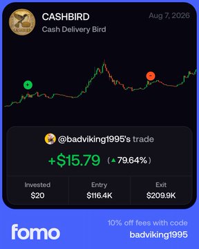 A mobile trading app screenshot showing a 'CASHBIRD' trade by @badviking1995 dated Aug 7, 2026, displaying a profit of +$15.79 (79.64%) with $20 invested, an entry of $16.4K, and an exit of $209.9K, alongside a FOMO promo code.