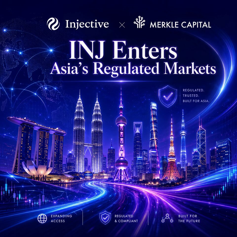 The image features a city skyline with buildings lit up at night, including the iconic Merlle Capital building. The text "Injective just hit another major milestone for institutional adoption in Asia" indicates that the company has achieved a significant milestone in its efforts to expand and establish itself as an institutional fund provider in Asia. The post also mentions the launch of M-INJ, which is a regulated fund focused on @Injective, and highlights how this fund creates a compliant pathway for investors to gain exposure to Asian markets.