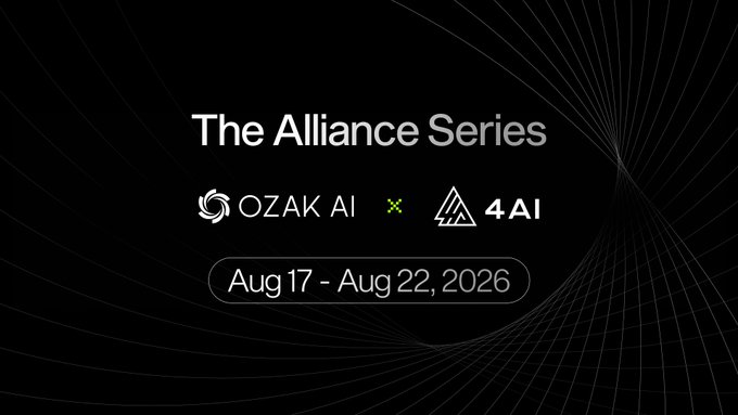 A promotional graphic with a black background and subtle radiating line design announces "The Alliance Series" partnership between OZAK AI and 4AI, scheduled for Aug 17 - Aug 22, 2026. The image features the logos of both companies separated by a green "x" symbol, visually representing the collaborative event described in the accompanying post.