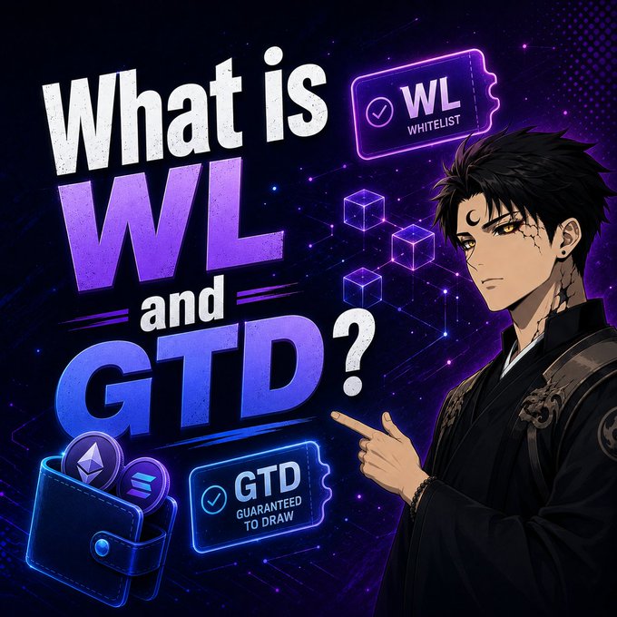 An anime-style promotional graphic titled 'What is WL and GTD?' featuring a character pointing at the text, with tickets labeled 'WL WHITELIST' and 'GTD GUARANTEED TO DRAW' alongside a wallet containing Ethereum and Solana tokens.