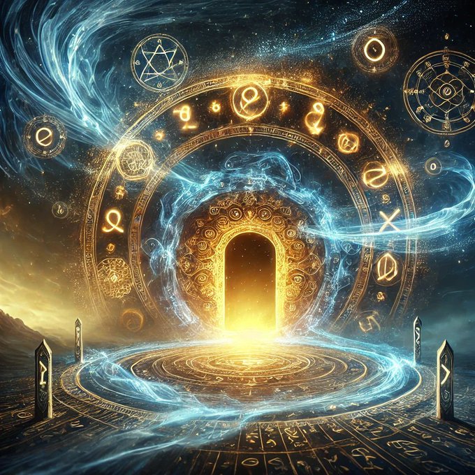 The image features a large golden door surrounded by symbols, including stars and circles, which are often associated with magical or mystical themes. The door appears to be open, inviting viewers to explore its contents. In addition to the door, there are three other objects in the scene - two small statues positioned on either side of the door, and a larger statue located at the center. These elements contribute to the overall atmosphere of the image, creating an intriguing and mysterious setting that could be related to the concept of Web3 or the idea of meaningful contributions lasting longer than short-term rewards.