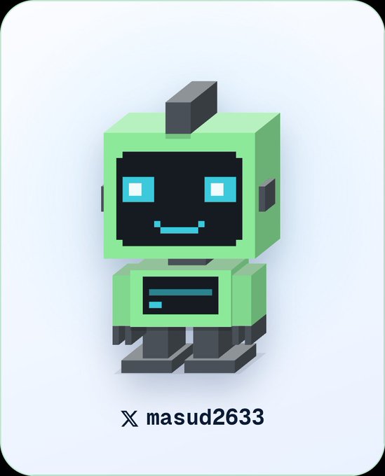 A 3D voxel-style character design of a green robot with cyan eyes and a smiling face, credited to 'X masud2633'.