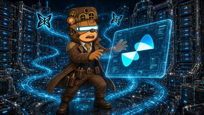 A digital illustration of a cartoon character wearing steampunk goggles and a trench coat, holding a futuristic tablet displaying a blue geometric symbol, set against a glowing data center background.