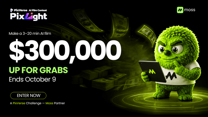 A promotional banner for the PixVerse AI Film Contest 'PixLight' offering '$300,000 UP FOR GRABS' ending October 9, featuring a green moss-like character with a tablet.