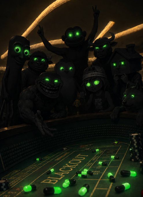 A dark, stylized illustration of cartoon characters with glowing green eyes gathered around a blackjack-style casino table, with one chip reading 'BLACKOUT'.