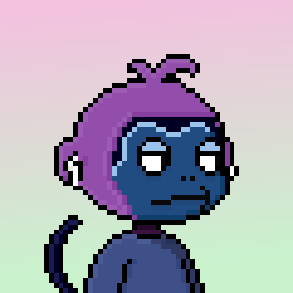 A pixel art portrait of a blue-skinned character with a purple beanie-style hat or hair, large white eyes, and a neutral expression, set against a pink-to-green gradient background.