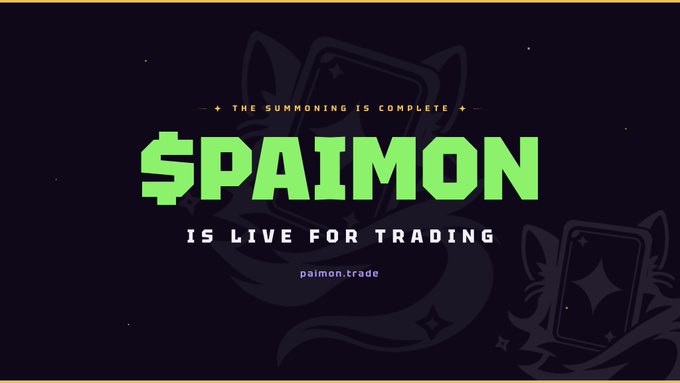 A dark promotional banner announces "$PAIMON IS LIVE FOR TRADING" with the tagline "THE SUMMONING IS COMPLETE" and the website paimon.trade, featuring stylized cat-like creature illustrations. The graphic matches the accompanying post celebrating the token's launch on the charts, as referenced by the contract address 0x787947278f304e6c29a8422616cec3b57cfea73c.